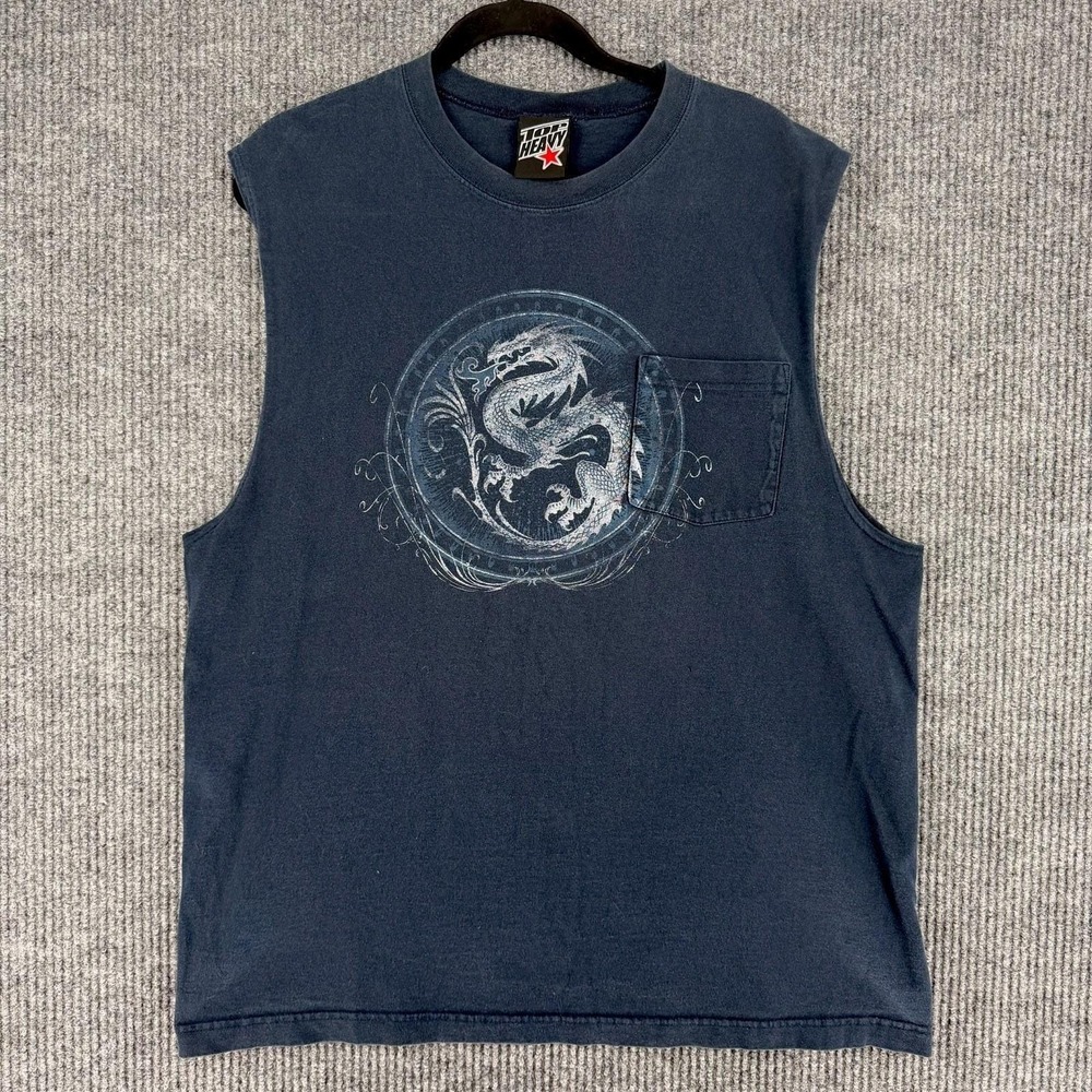vintage Y2K dragon urban sleeveless pocket tee faded navy grunge tank top XL